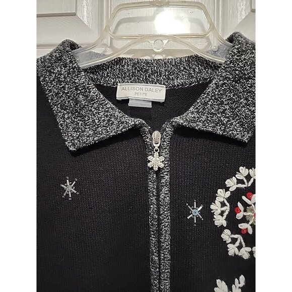 ALLISON DALEY Black Embroidered Snowflakes Sweater Cardigan Beaded Size L Petite - Picture 2 of 7